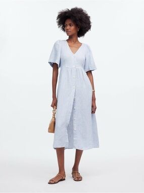 Madewell Linen Light Blue Striped V-Neck Button Midi Dress